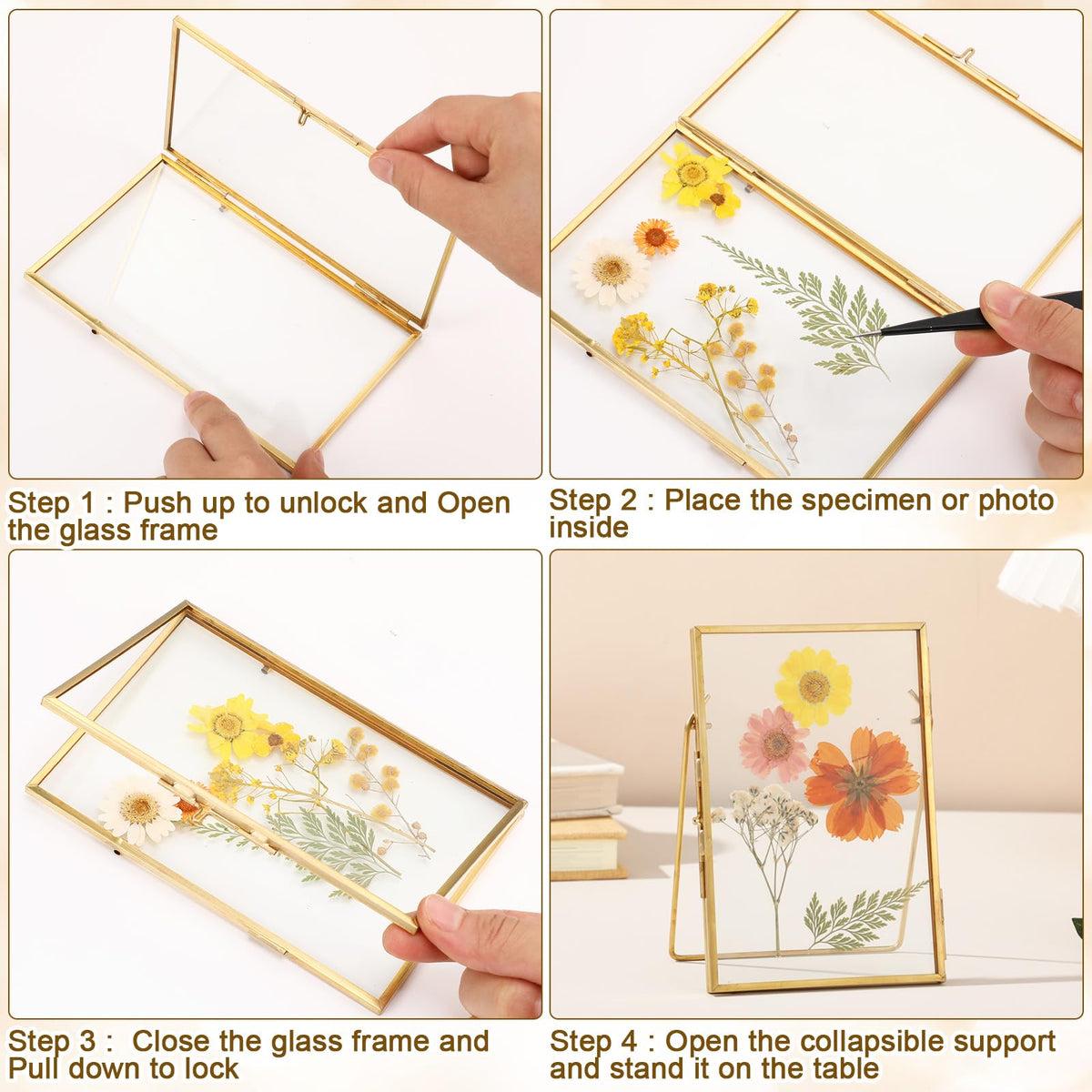 Vicenpal 3 Pack Glass Pressed Flower Frame Handmade, 4 x 6 floating Picture Frames for Pressed Flowers, Brass Double Glass for Tabletop Display, Home Office Plant Specimen, Photos(Gold)
