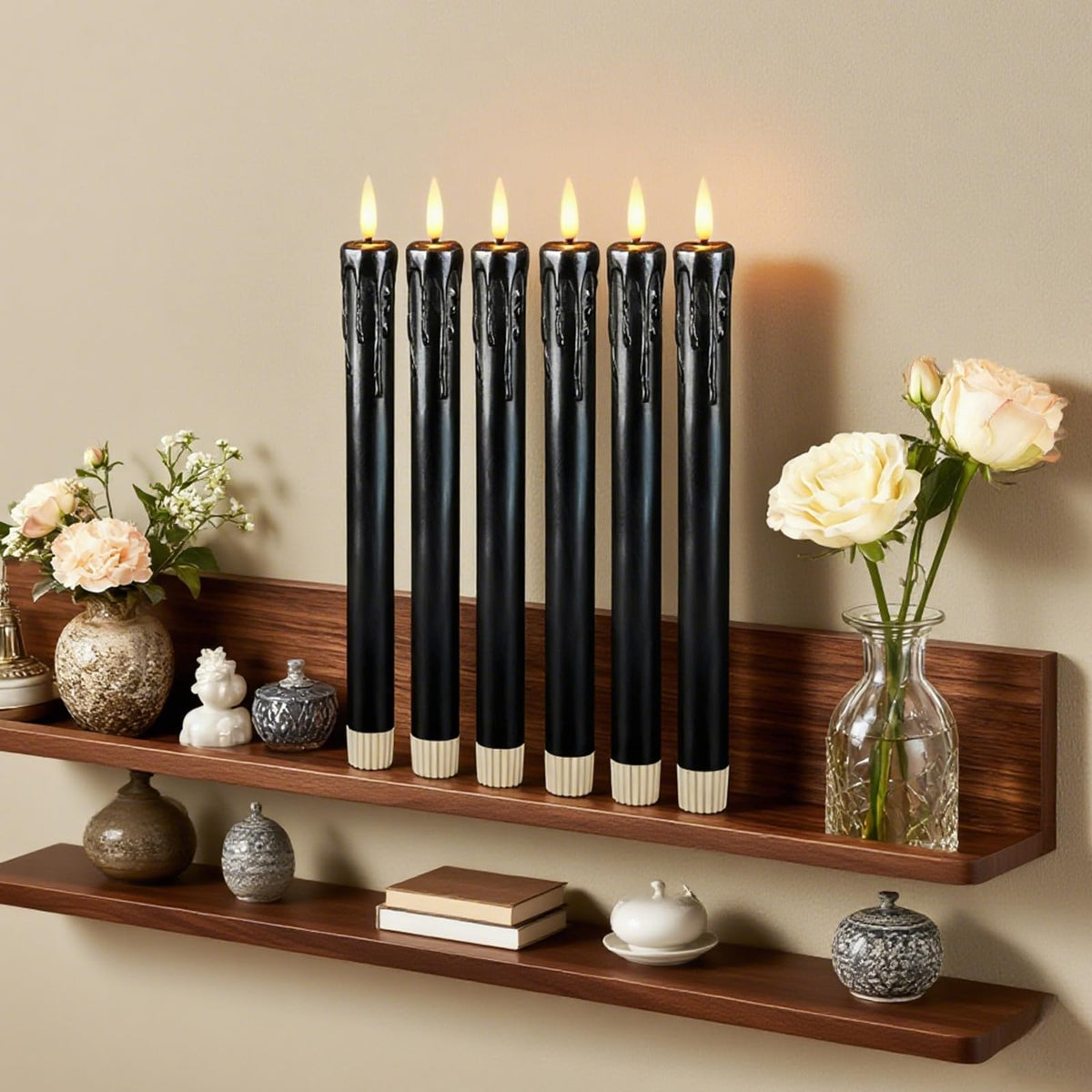 Lezonic Black Flameless Taper Candles Battery Operated with Remote, Long LED Candlesticks Flickering Real Wax Set of 6, 9.5 inch Battery Candles with Realistic 3D Flame for Halloween