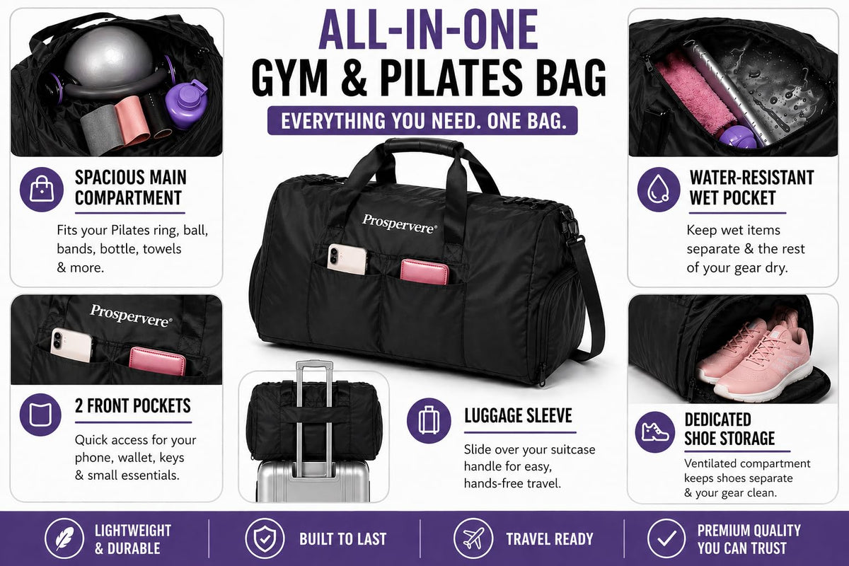 Prospervere Premium Pro Pilates Kit – 15 inch Pilates Ring and Ball Set w/ 1lb Ankle Weights, Fabric Resistance Bands, Sliders, Yoga Socks & Gym Bag – Mocha Drive (Brown/Gray)
