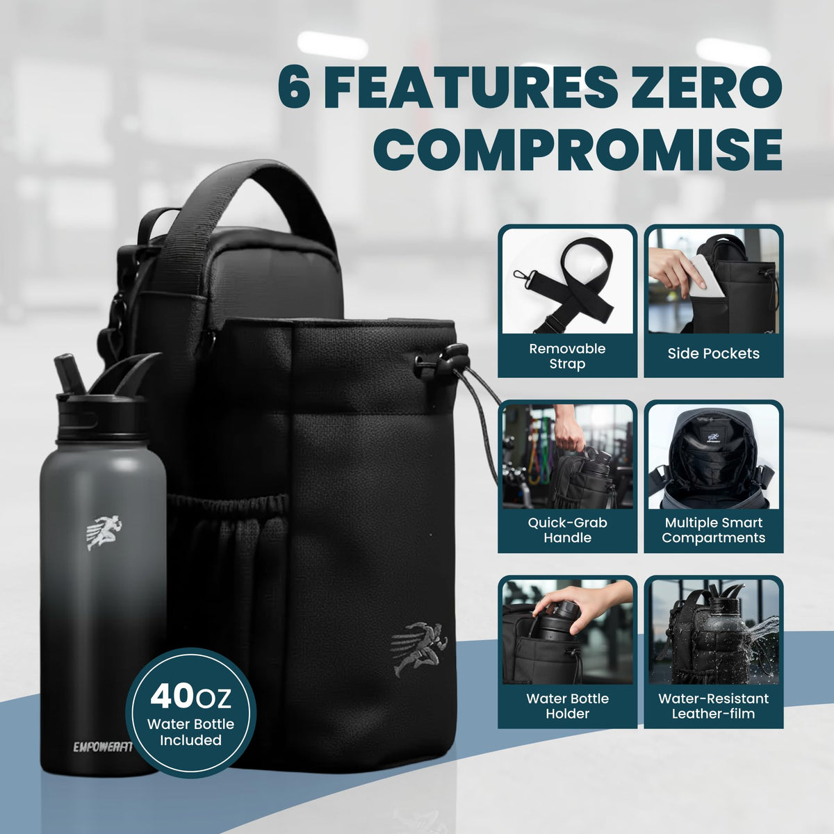 EMPOWERFIT Magnetic Gym Water Bottle Bag with 40oz Bottle – Magnetic Water Bottle Holder with Strap, Crossbody Bag, Phone Pocket, Waterproof Gym Accessories