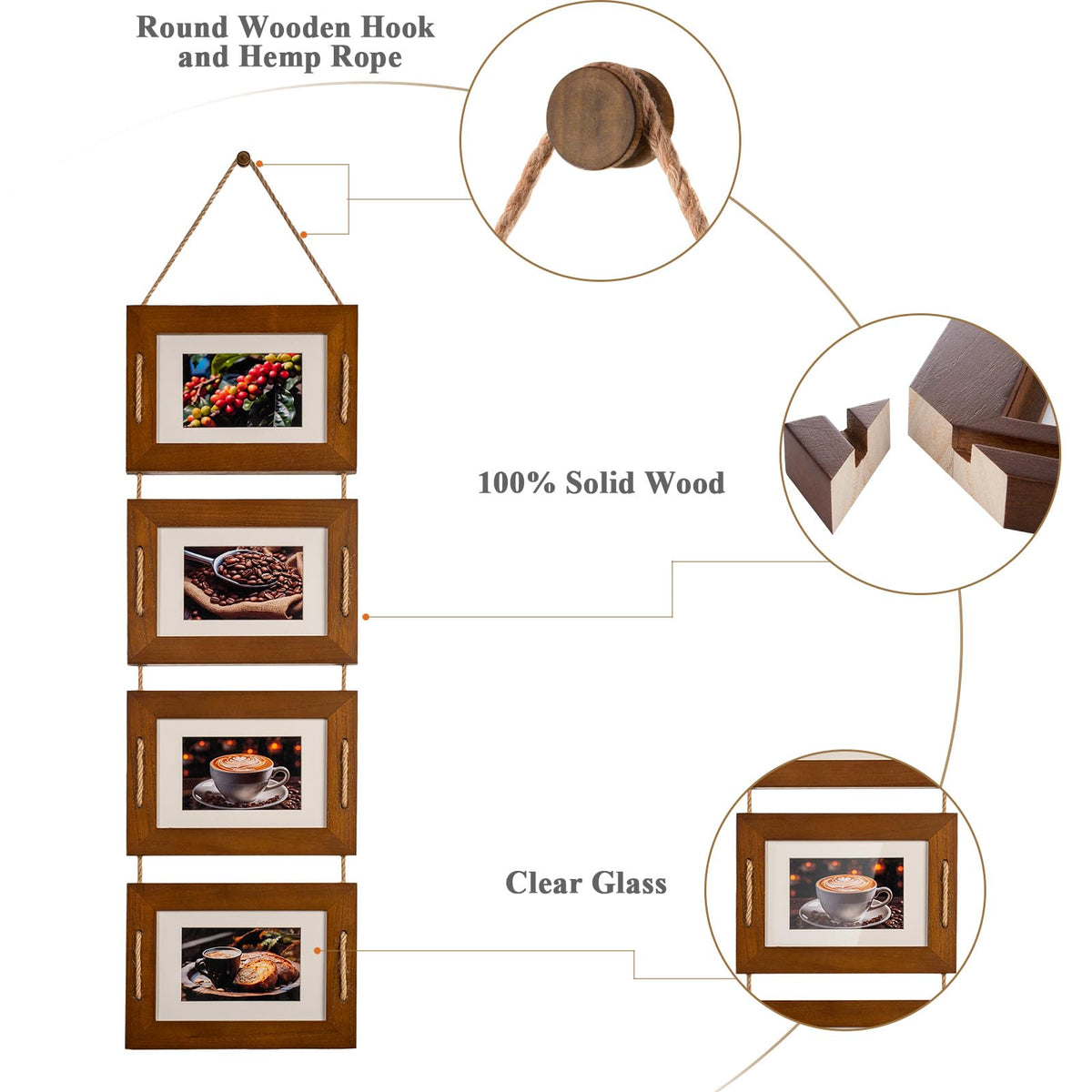 DLQuarts 5x7 Hanging Collage Picture Frames Wall Decor, 4-Opening 5x7 Matted to 3.5x5 Photo Rustic Wood Frame with Hemp Rope, 1 Pack, Dark Walnut