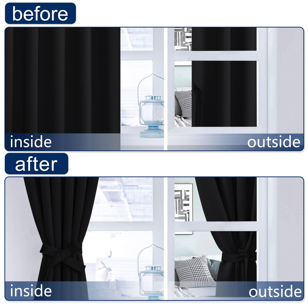 Hiasan Black Blackout Curtains for Bedroom 72 inches Long Rod Pocket Thermal Blackout Curtains Noise Blocking with Tiebacks Halloween Drapes for Living Room,52" x 72",Set of 2