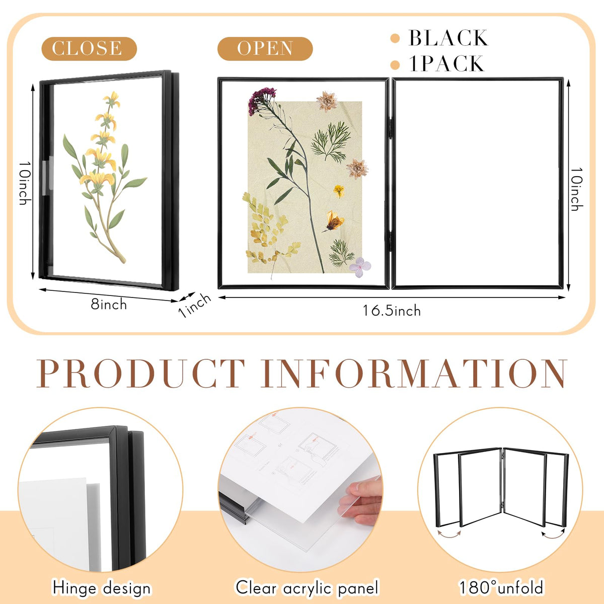 Sintuff 8" x 10'' Brass Double Picture Frame Clear Double Folding Hinged Frame Acrylic Memorial Photos Displayed Stand for Desktop Artwork Plants Specimen Graduation Christmas Gifts(Black)