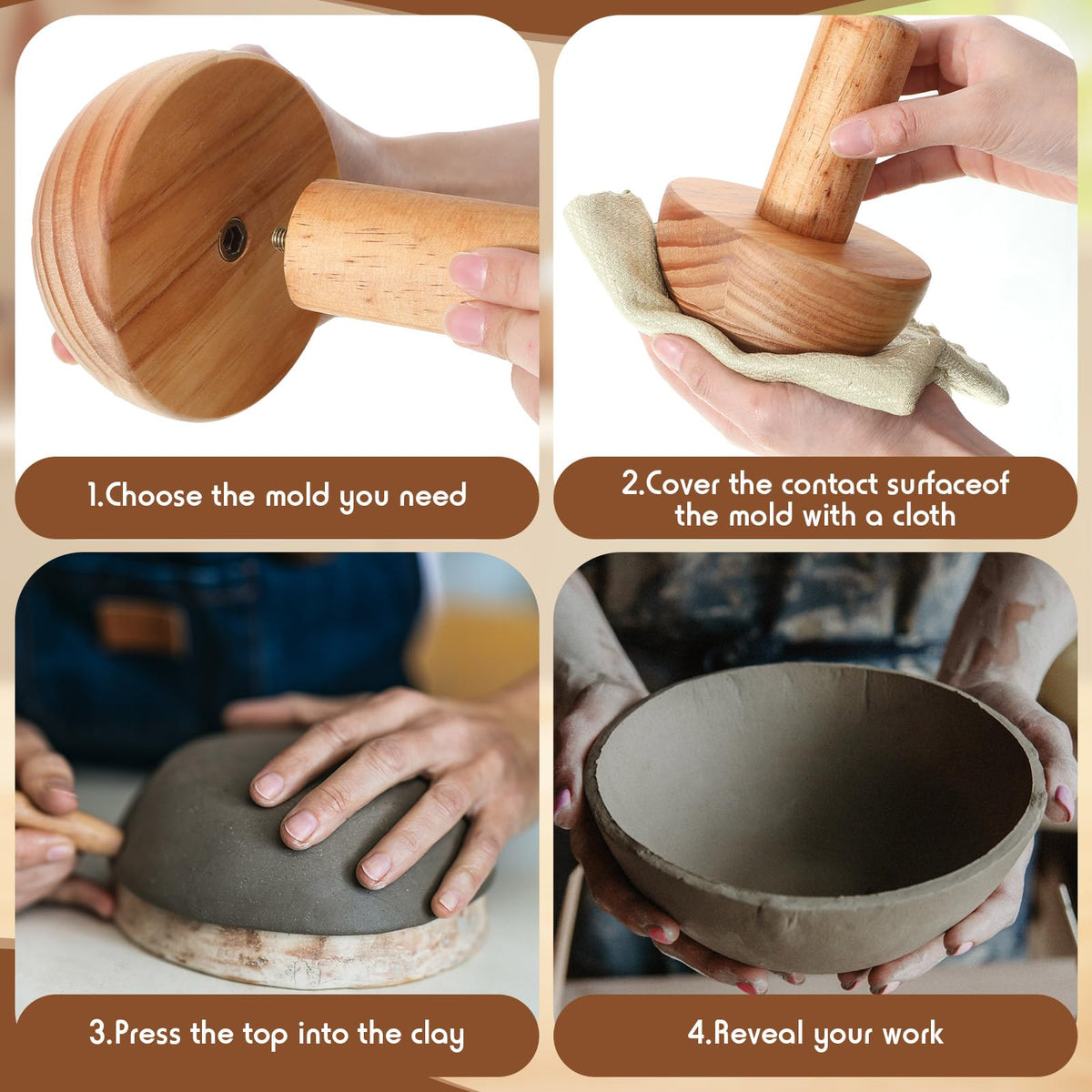 Doublefill 4 Pack Pottery Molds Plaster Molds Wood Pottery Tools with Handle for Ceramic Top Forms DIY Bowls Plate Dish Slump Press Art Making (Hemispherical,4.5'' 6.5'' Thickness 2.5'')