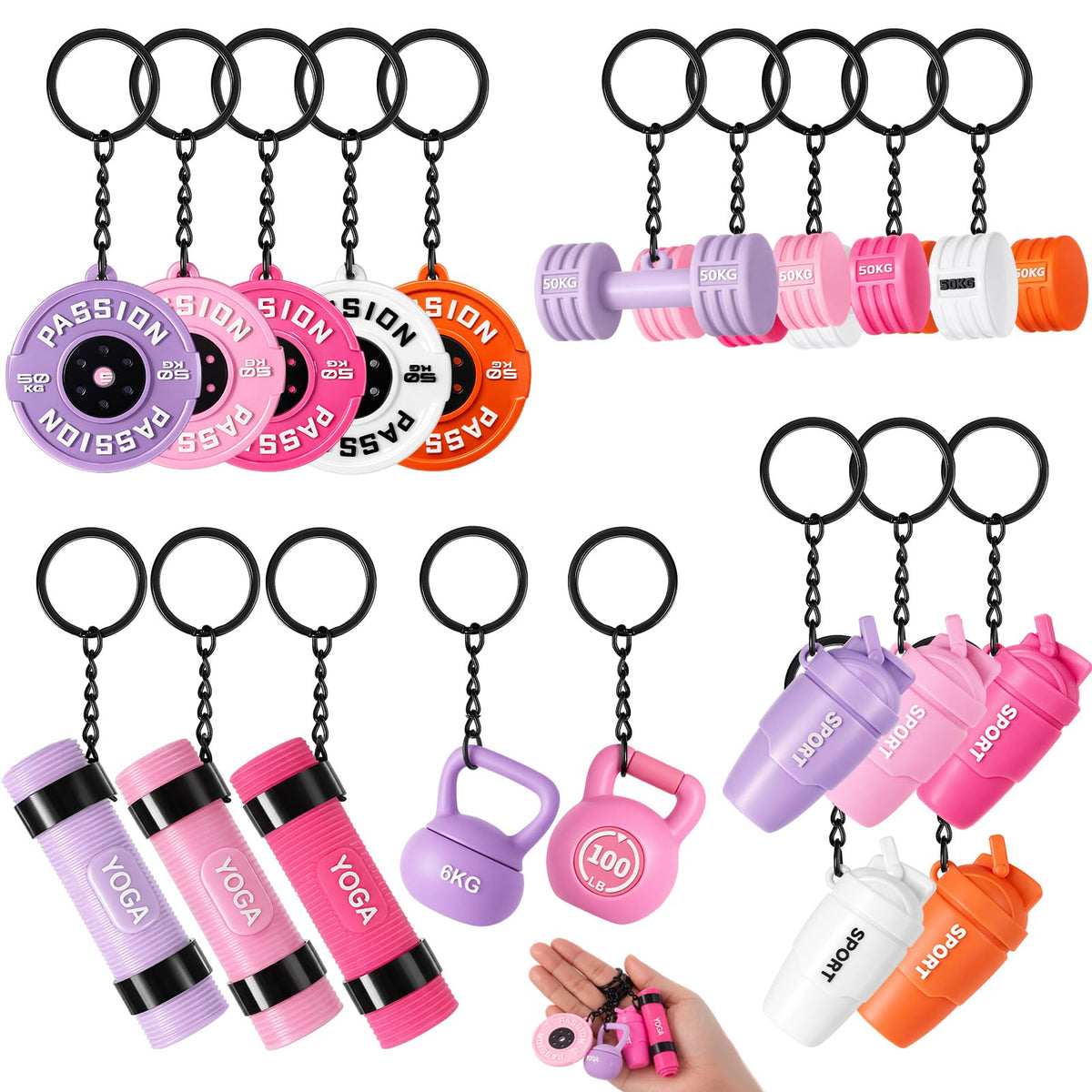Tondiamo 20 Pcs Gym Keychain Bulk Weight Fitness Gifts Barbell Dumbbell Kettlebell Bottle Keychain for Women Men Gym Lover(Pink & Purple,Dreamy Macaron)