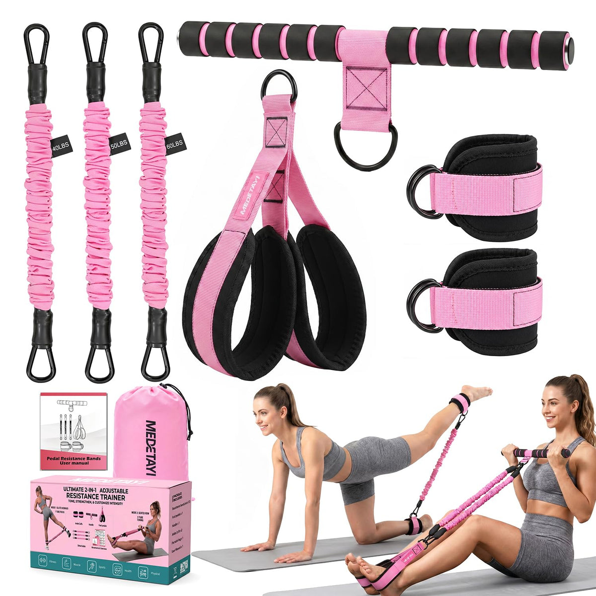 MEDETAYI Pedal Resistance Band 40/50/60 lbs with Handles and Ankle Cuffs, 3-Tube Adjustable Exercise Bands for Women’s Home Workout, Abs, Core, Arm, Leg and Hip Training