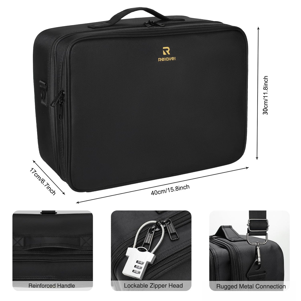 Relavel Extra Large Makeup Case with Plastic Dividers Washable and Easy to Clean, Travel Makeup Train Case Professional Makeup Artist Bag Portable Nail Organizer Box Art Supply Case (Black)