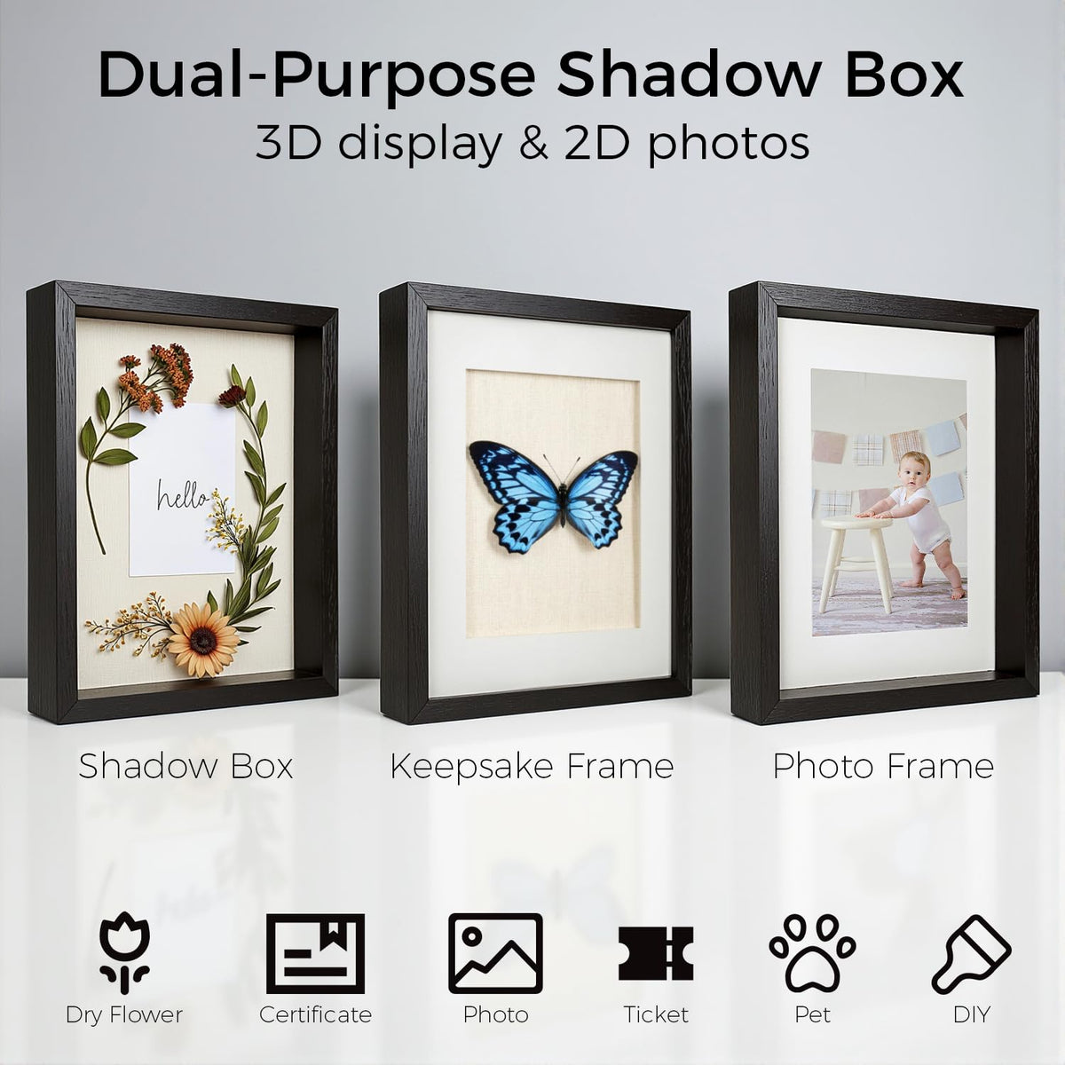 Heyxinda 11x14 Shadow Box Picture Frames 4 Pack, Wooden Display Cases with Linen Board, Use as 9x12 Frame with Mat or 11x14 without Mat, 1.0" Interior Depth for Flowers Memorabilia Collectibles, Black