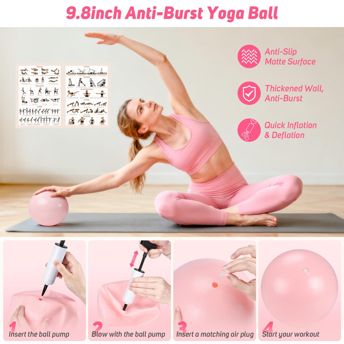 Home Pilates Kit for Women: Pilates Equipment Pilates Ring and Ball Set with Resistance Bands, Core Slider, Foam Roller, Pilates Essentials Kit for Beginner Home Workout, Compact Toning Fitness, Pink