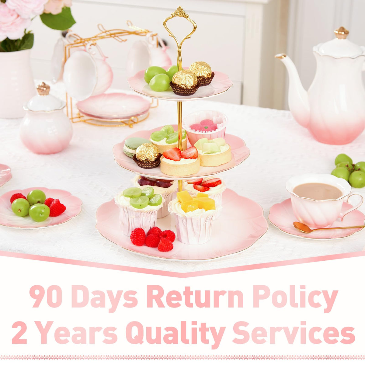 DUJUST Luxury Larger 3-Tier Cupcake Stand Tower, British Style Porcelain Serving Tray with Golden Trim, Food Grade Dessert Display Stand for Tea Party & Home Décor - 45% Gradient Pink Larger Plates