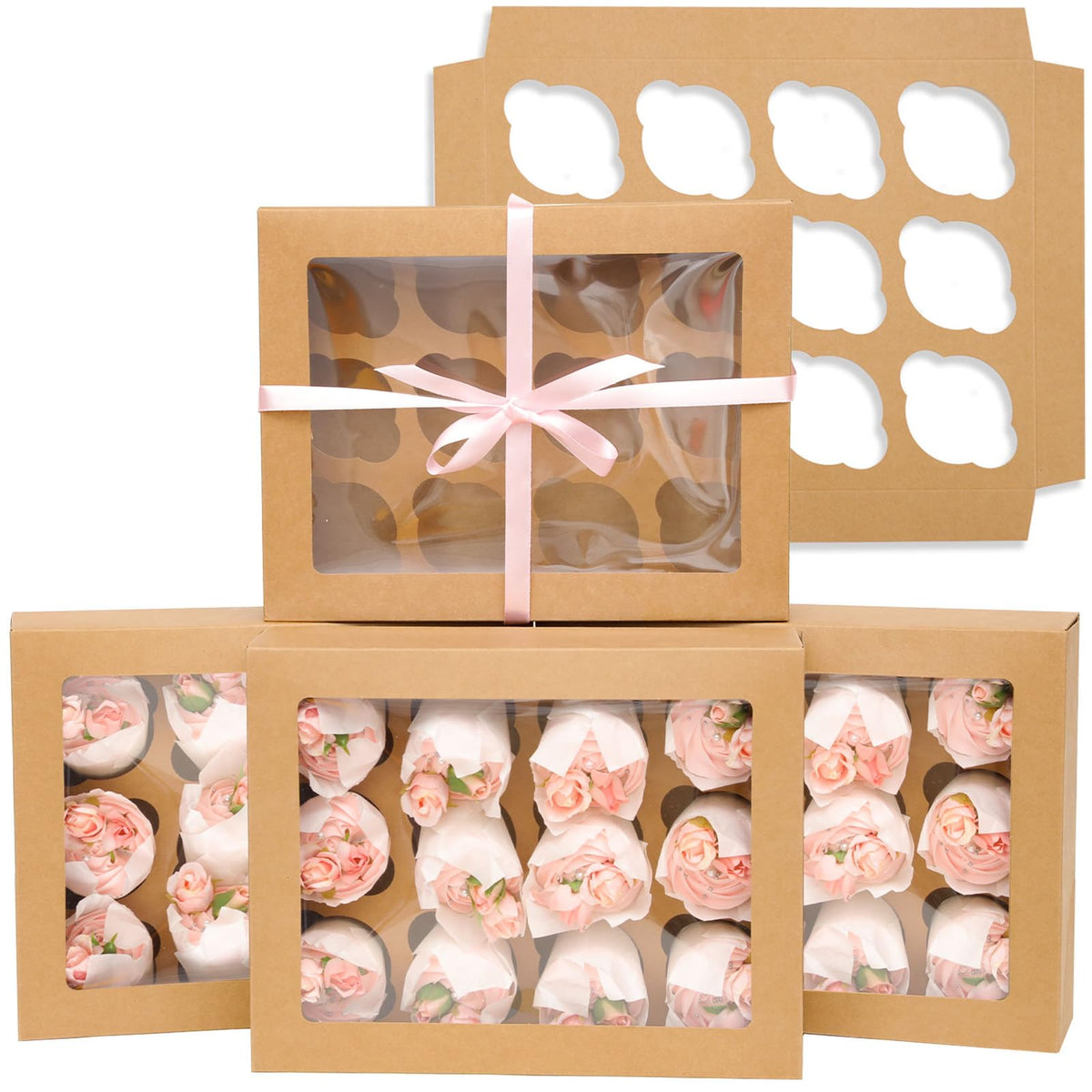 Bakepacker 12 Cupcake Containers 20-Packs Brown 12 Count Cupcake Boxes with Window Cupcakes Carrier, 13"x10"x3.5"（Auto-pop up）