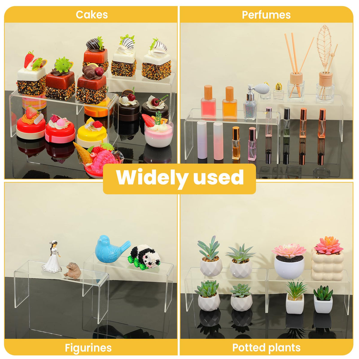 Limbeuuu 4 Pack Acrylic Risers Display Stands, Display Stands for Collectibles, Clear Acrylic Shelf for Show Decor, Toys, Cupcake (9.4 x 3.1 x 4.3 inches)
