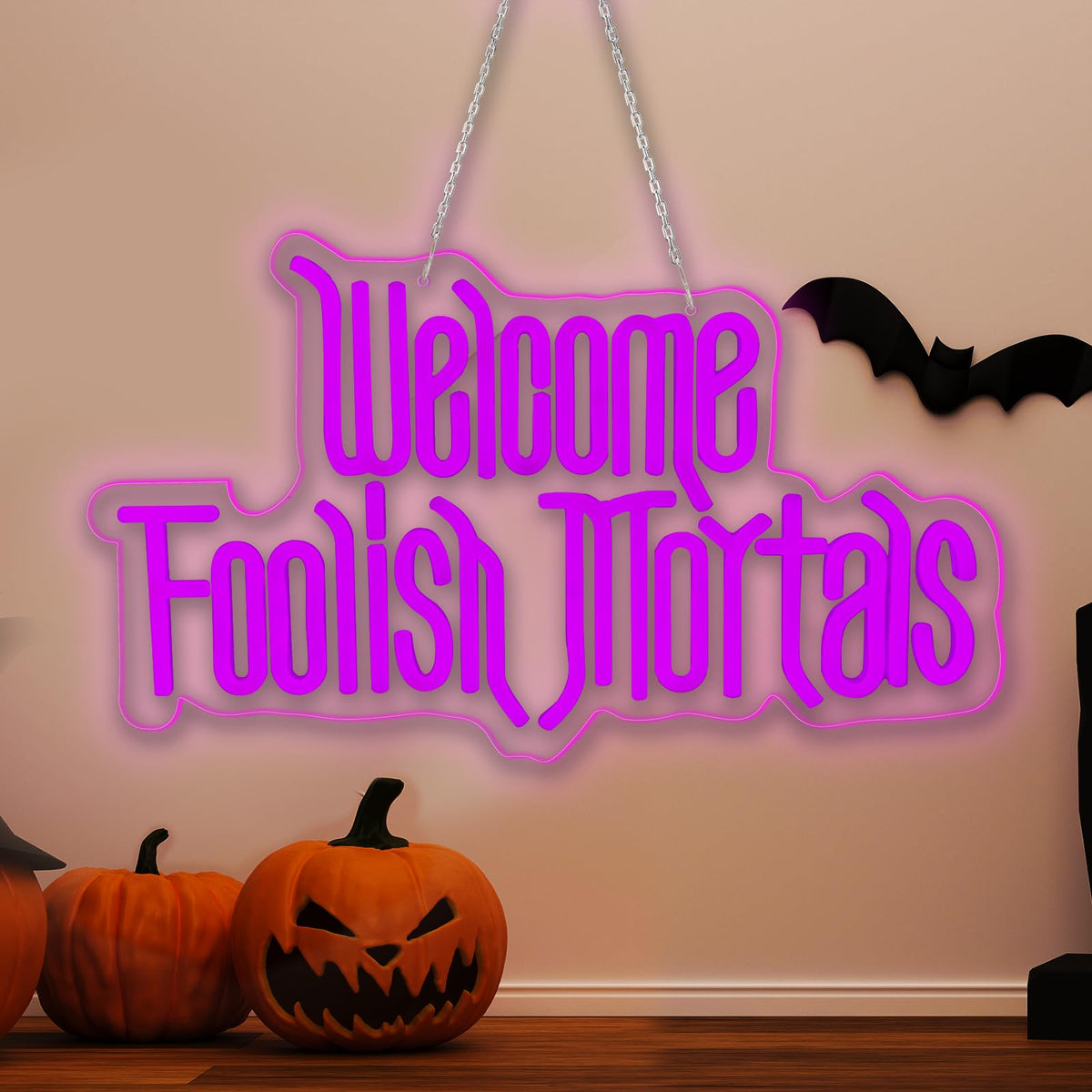 Halloween Welcome Foolish Mortals Neon Sign, Dimmable Gothic Haunted Coffin Halloween Decoration, USB Powered Neon Light, Wall Decor for Home, Bar & Party (Comes with Hooks, Nails and Adhesive Hooks)