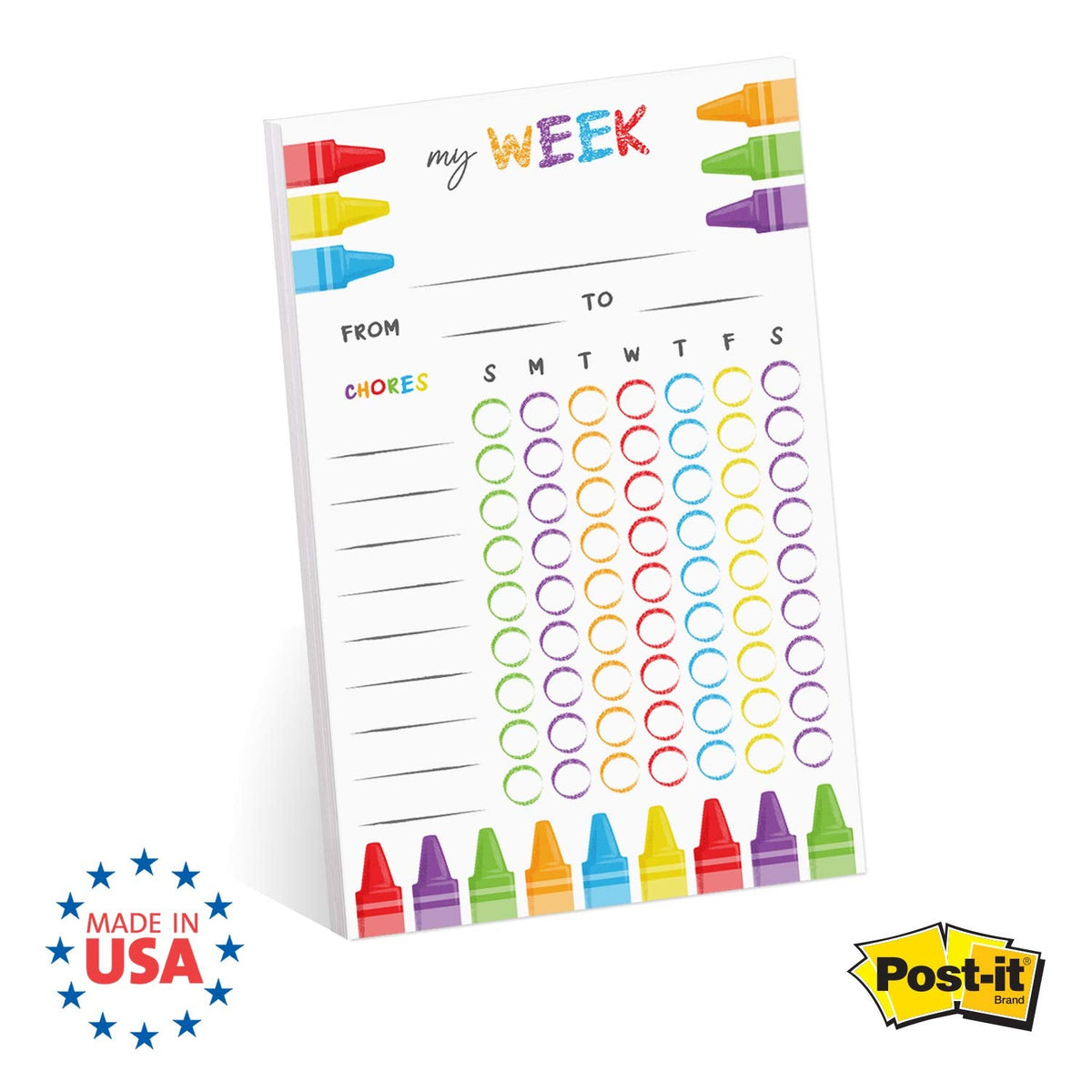 Cheerful Crayon Design Weekly Chore Chart / 6" x 10" Sticky Note Fill in Task List/Fun Week Assignment List