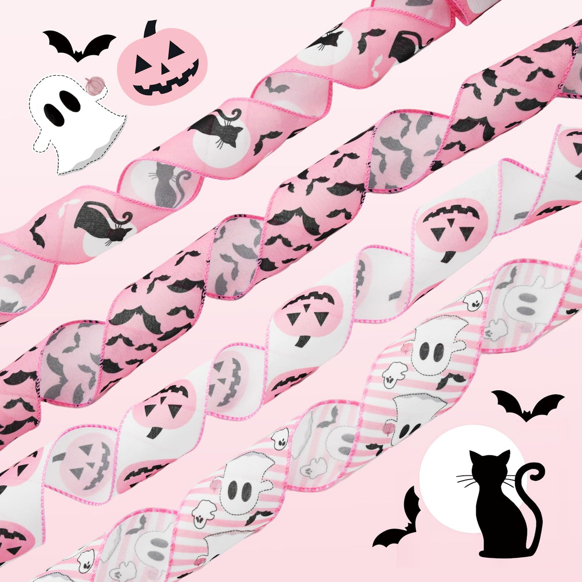 Craflox Pink Halloween Wired Ribbon for Wreath Bows, 4 Rolls, 2.5″ Wide, 20 Yards Total, Pastel Girly Halloween Ghost Wired Ribbons for Crafts Supplies, Pumpkin Cat Ribbon Bow