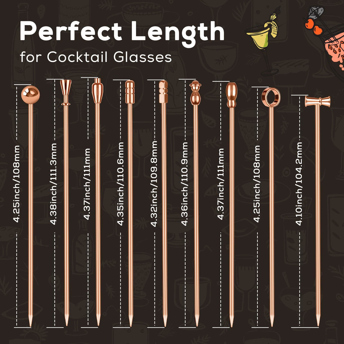 Metal Martini Cocktail Picks 9 Pcs, 4.1 in Olive Skewers Stainless Steel, Drinks Garnish Sticks, Reusable Appetizers Toothpicks, Home Bar Accessories Supplies Gift for Father Bartender - Rose Gold