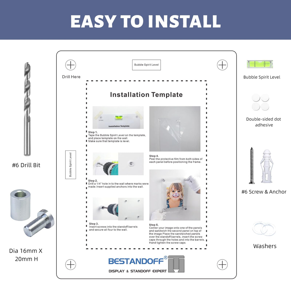 Premium Floating Acrylic Picture Frame with Polished Edges & Silver Aluminum Standoffs - Easy Wall Mount Kit Included: drill Bit, Level, Template. (Silver, Insert Size 8.5"x11", Full Frame 11"x13.5")