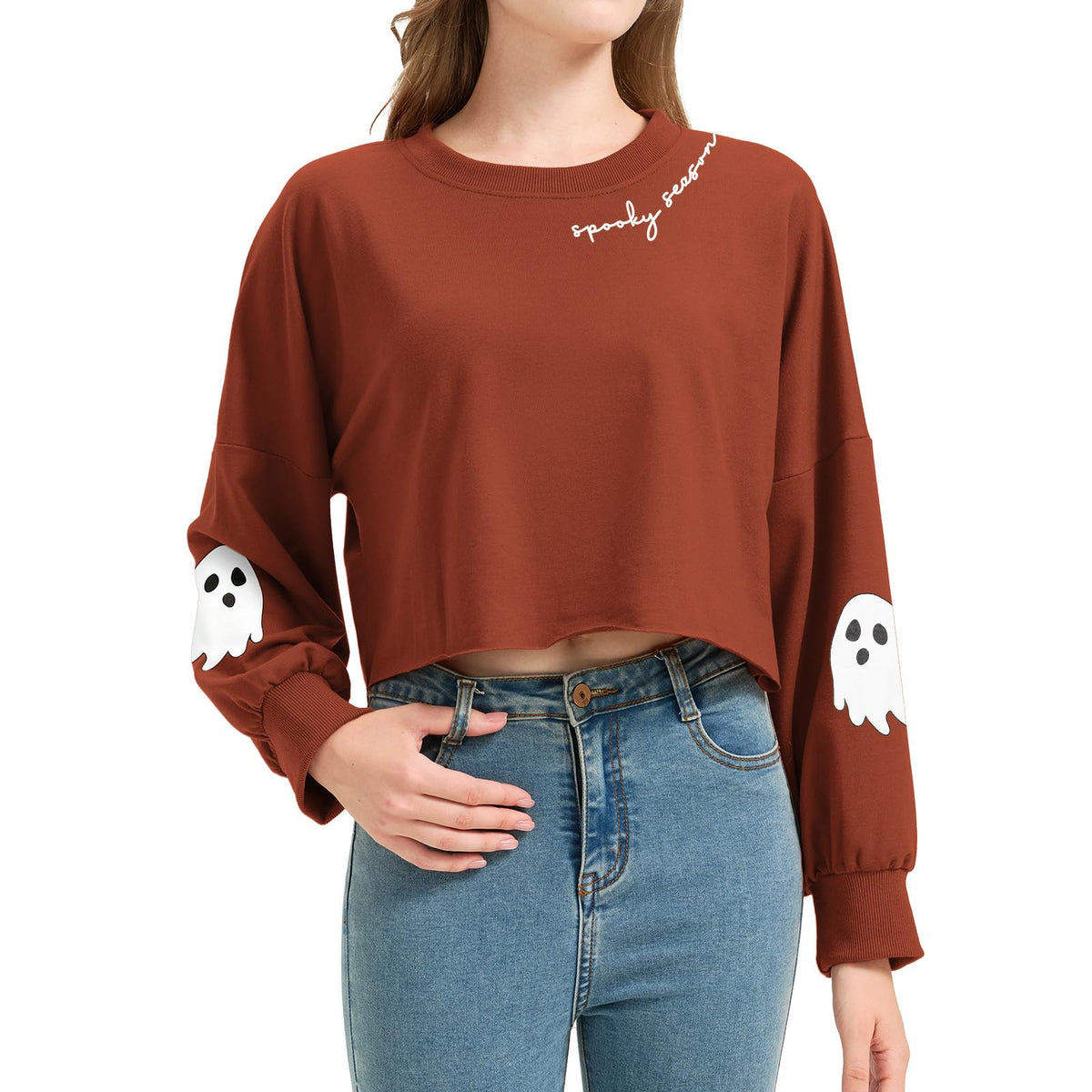 Jliqt Women's Funny Ghost Graphic Crop Sweatshirt Halloween Lantern Long Sleeve Pullover Fall Family Matching Tops(M,Brown 6)