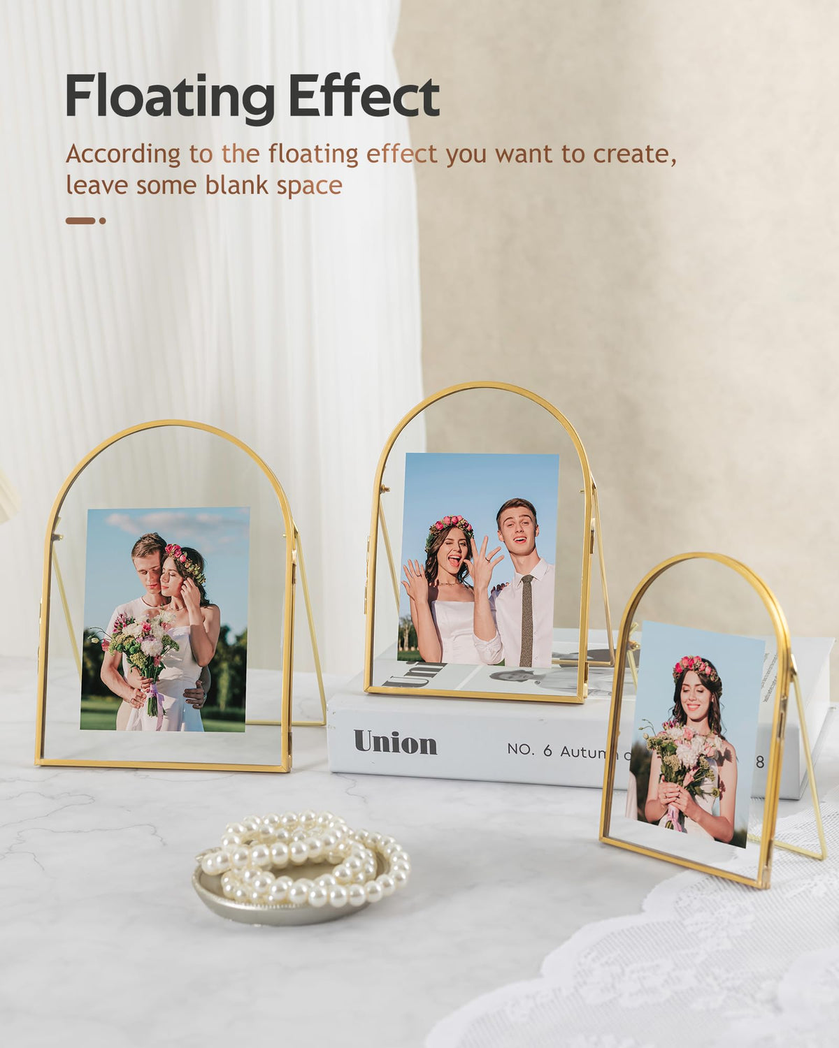Jajamy Set of 3 Gold Floating Picture Frame, 4x6, 5x7, 6x8 Arched Glass Floating Frames, Vintage Brass Gold Picture Frame for Artwork Photos Tabletop Display