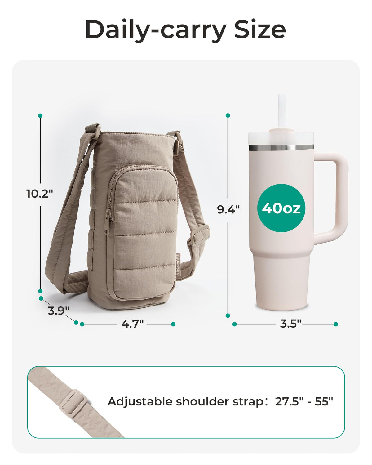 BAGSMART Magnetic 40oz Water Bottle Holder with Strap, Crossbody Purse Gym Accessories for Women, Green