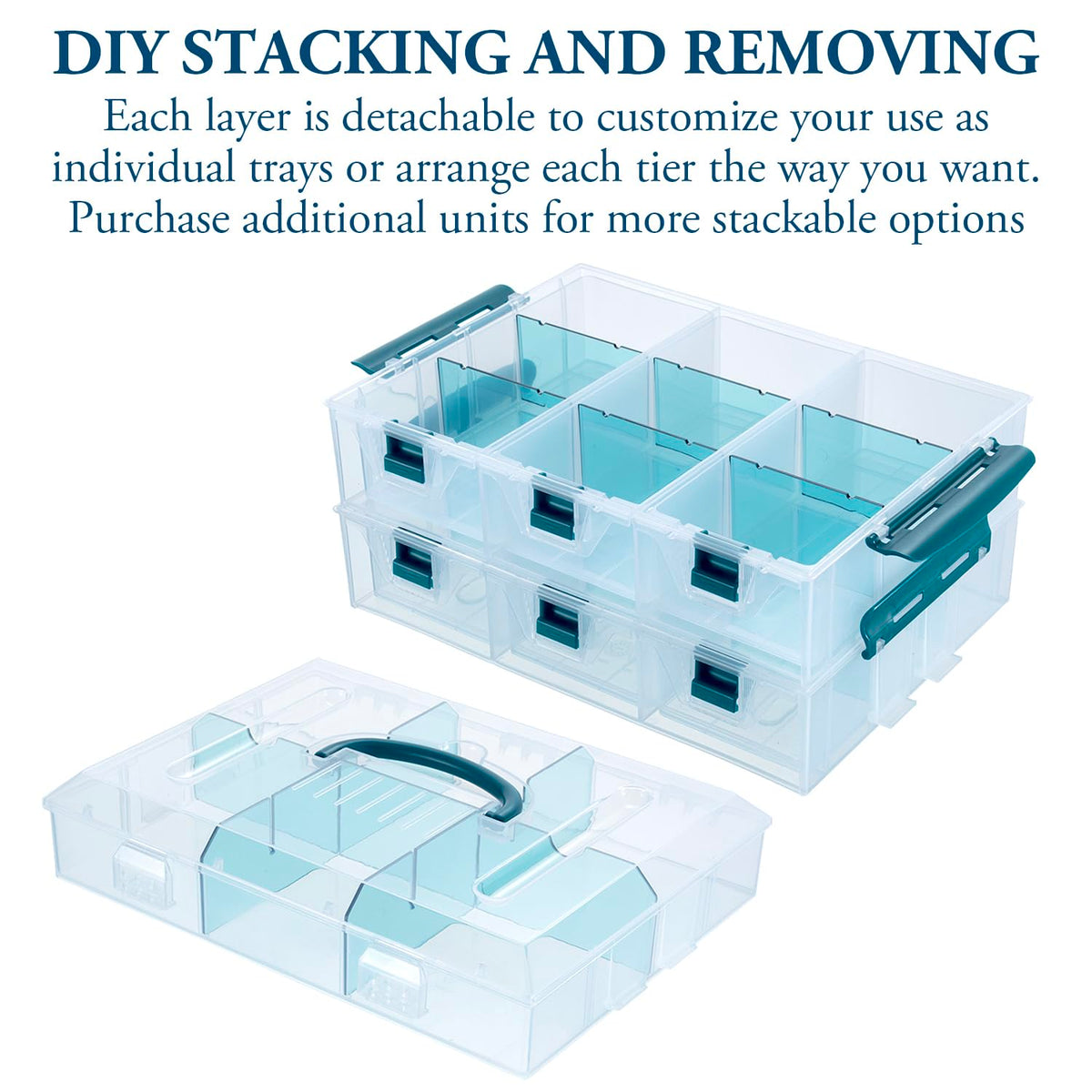 MyGift 11 Inch Clear Arts and Crafts Stackable Container, Sewing Supplies Storage Organizer Case with Blue Accents, 24 Customizable Compartments, and 6 Drawers with Removable Dividers