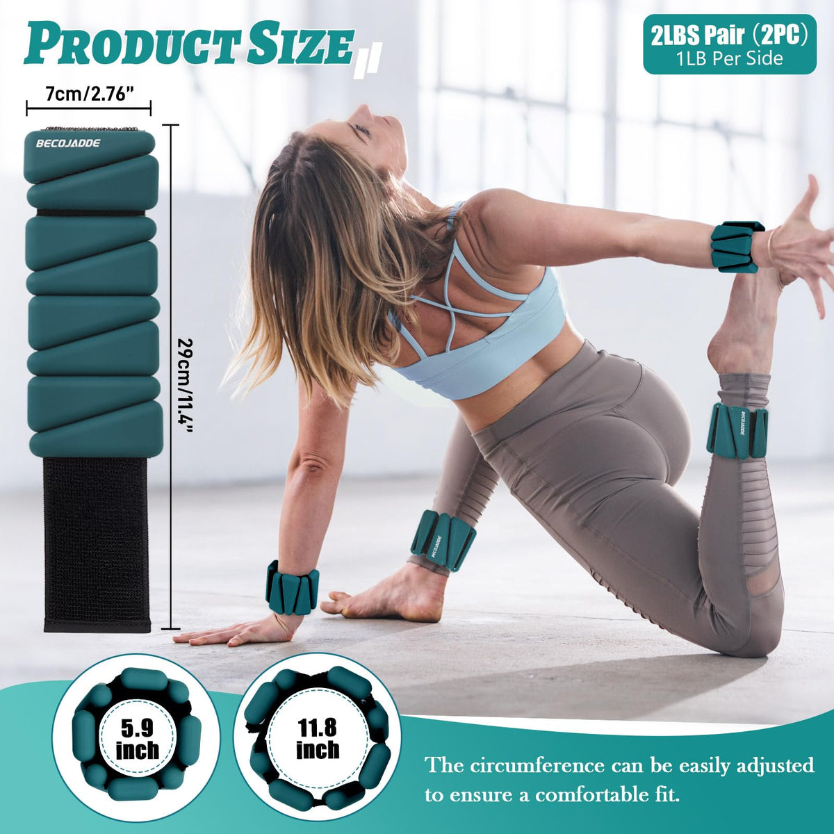 BECOJADDE Ankle Weights Set of 2 (1 lb Each) Adjustable Wrist Weights for Women Men Wearable Arm Leg Weight for Pilates, Running, Walking, Workout, Yoga, Deep Emerald