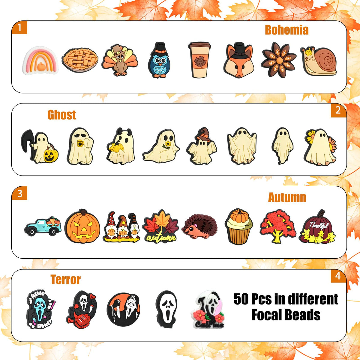 YOKUSHI 50 Pcs Halloween Focal Beads for Pens Bulk, Fall Spooky Charms Loose Rubber Pumpkin Ghost Shaped Bead for Keychain DIY Beadable Pens Making Supplies (Autumn)