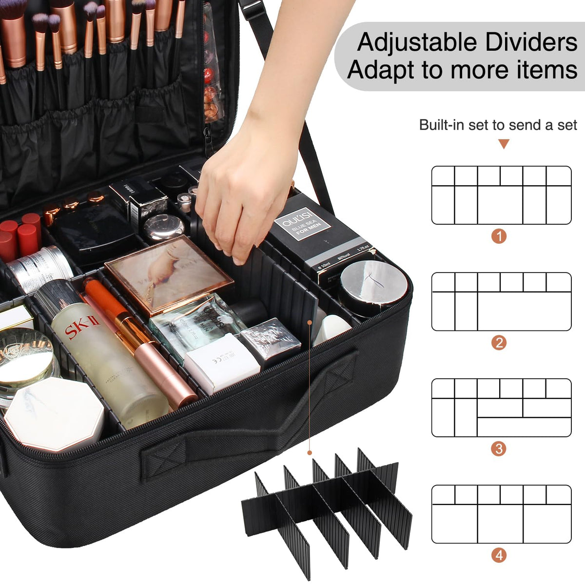 Relavel Extra Large Makeup Case with Plastic Dividers Washable and Easy to Clean, Travel Makeup Train Case Professional Makeup Artist Bag Portable Nail Organizer Box Art Supply Case (Black)