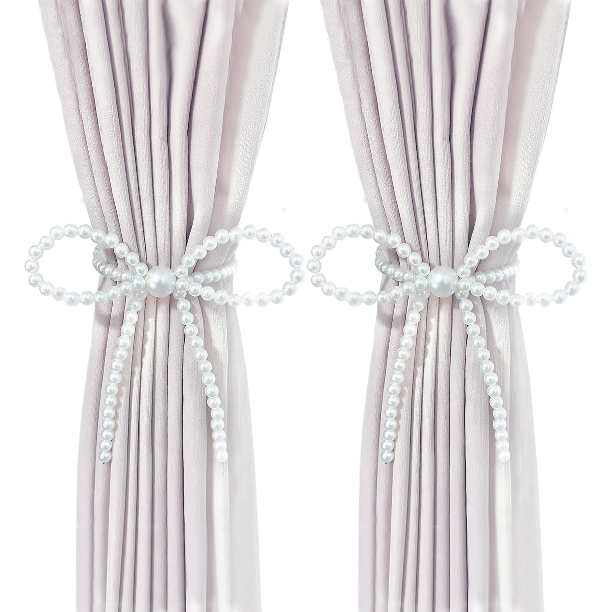 Pearl Bow Magnetic Curtain Tiebacks 2 Pack, No Drill Curtain Holdbacks with Strong Magnets, Decorative Pearl Curtain Holders for Living Room Bedroom Home Decor