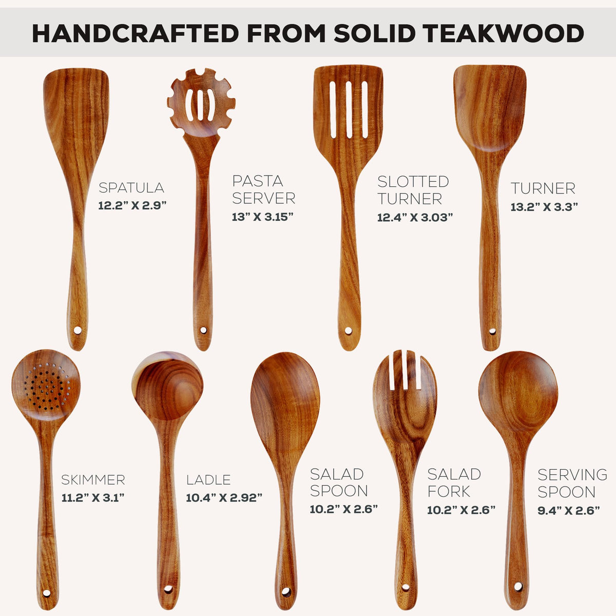 Zulay Kitchen 9-Piece Teak Wood Cooking Utensil Set – Non-Toxic & Non-Stick Safe Wooden Spoons & Kitchen Tools with Comfortable Grip, Smooth Finish Natural Teak – Perfect Kitchen Gift Set