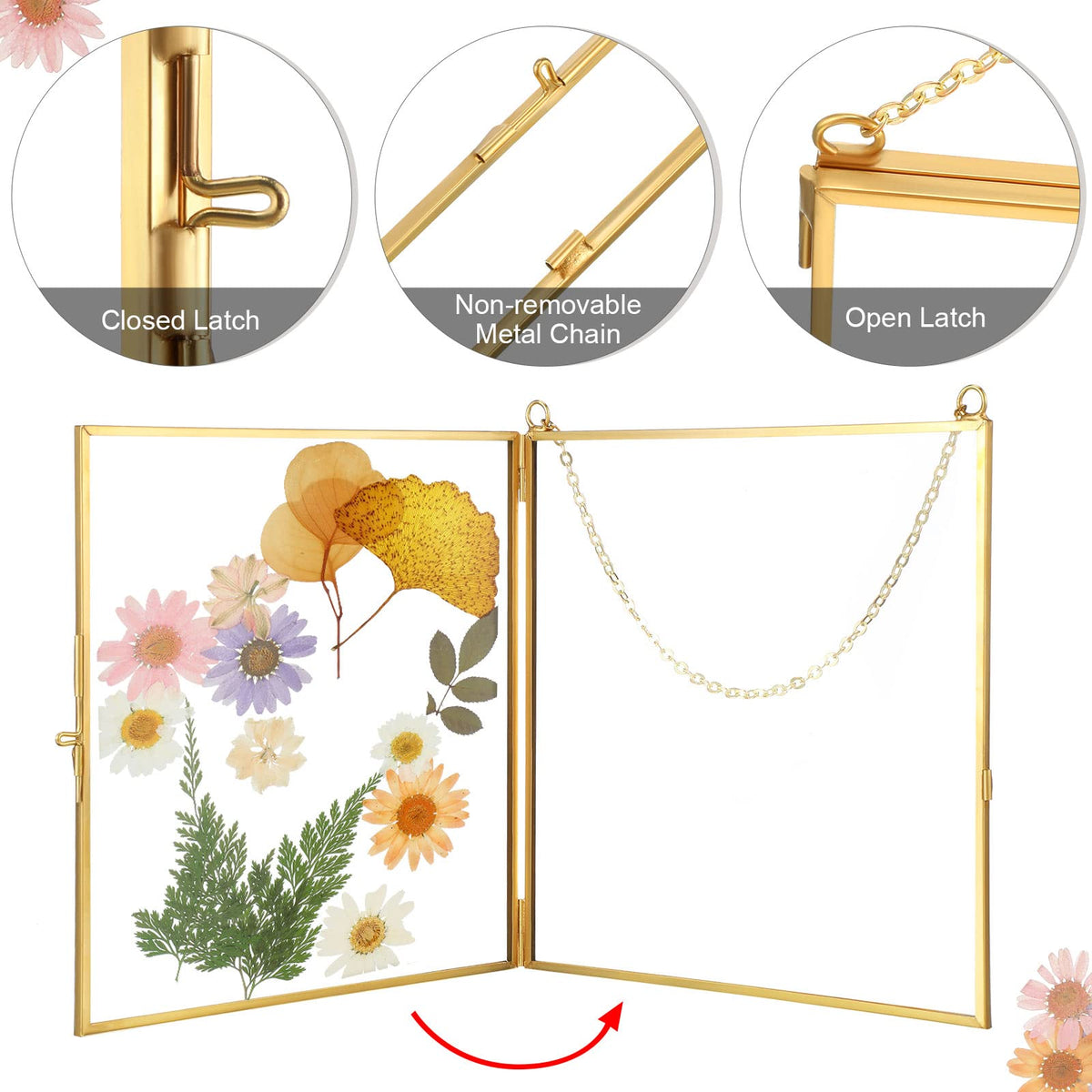 Treela Pressed Flowers Glass Frames 6 x 6 Inch, Hanging Double Glass Picture Frame Clear Square Floating Frames with Chains Graduation Wedding Gift for Dried Plant Specimen Gallery(Gold,4 Pieces)