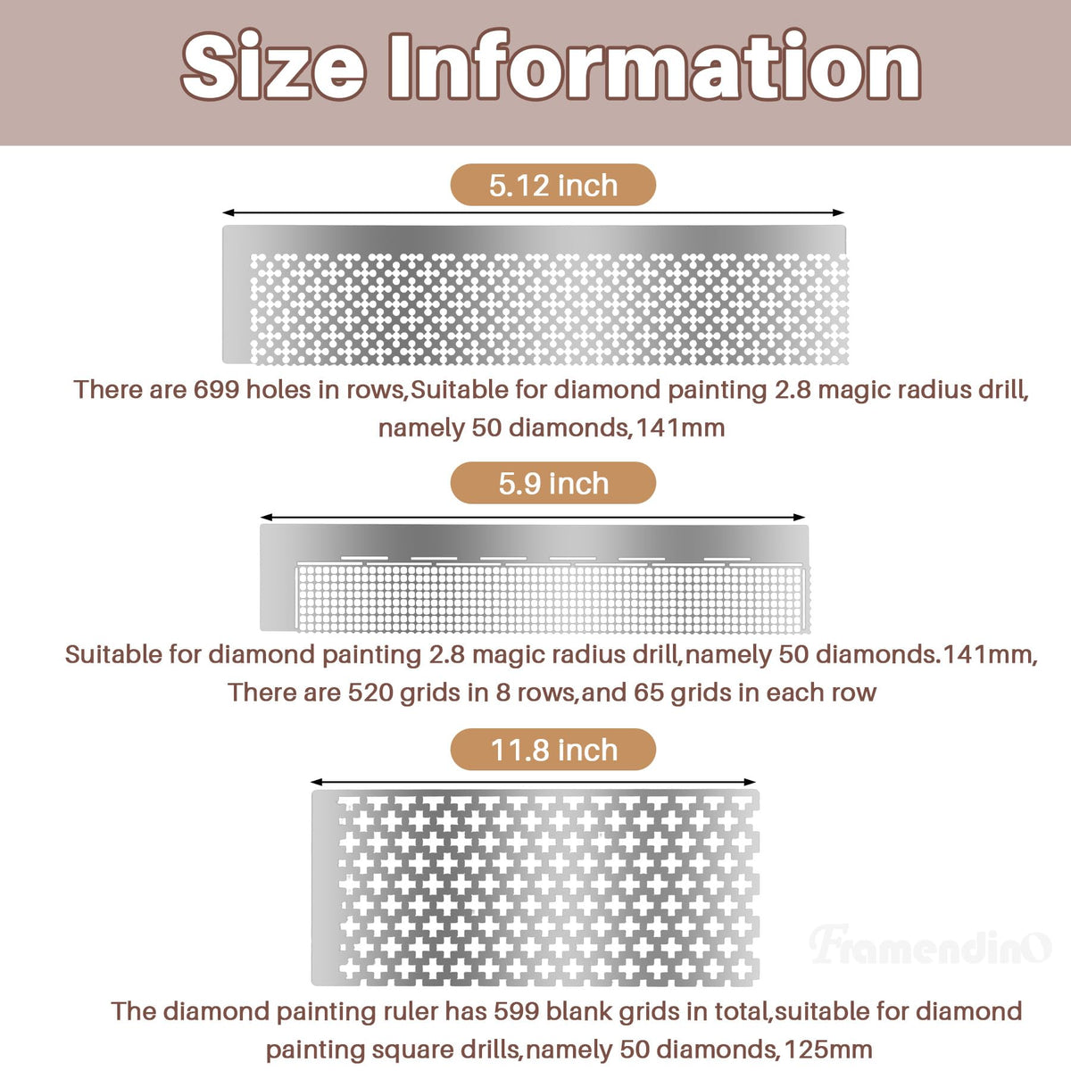 Framendino, 6 Pack Ruler Stainless Steel Diamond Mesh 216 400 599 520 699 800 Blank Grids DIY Drawing with 2 Pieces Fix Tool for Art Crafts