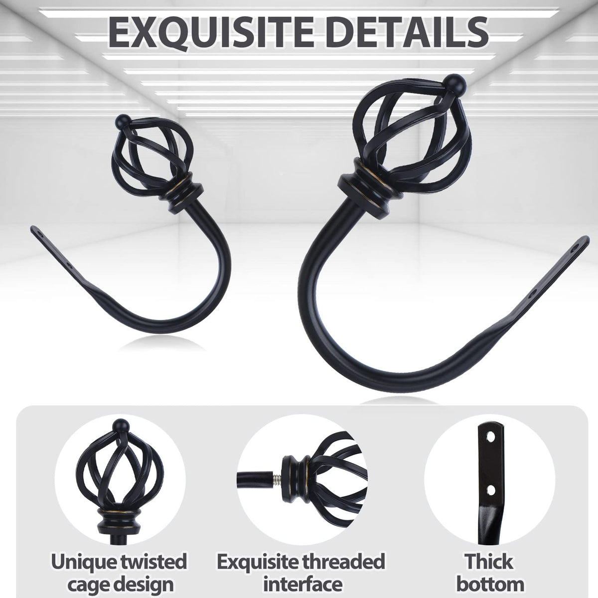 KAMANINA Decorative Curtain Drapery Holdbacks for Wall, Black Curtain Tiebacks Holders with Screws Wall Mounted for Drapes Window Home Decoration, Twisted Cage Finials, 1 Pair/2 Pack, Small