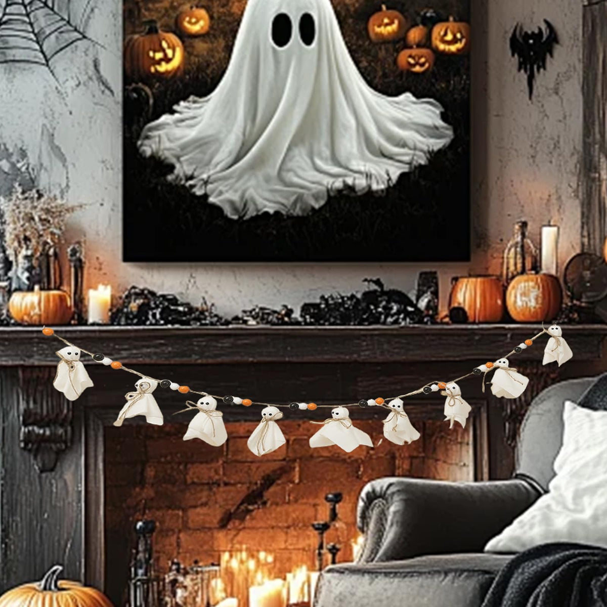 7Ft Halloween Banner Garland with Ghosts & Wooden Beads, Rustic Ghost Banner Hanging Ghost Garlands for Wall Home Indoor Outdoor Fall Decor Supplies(Black)