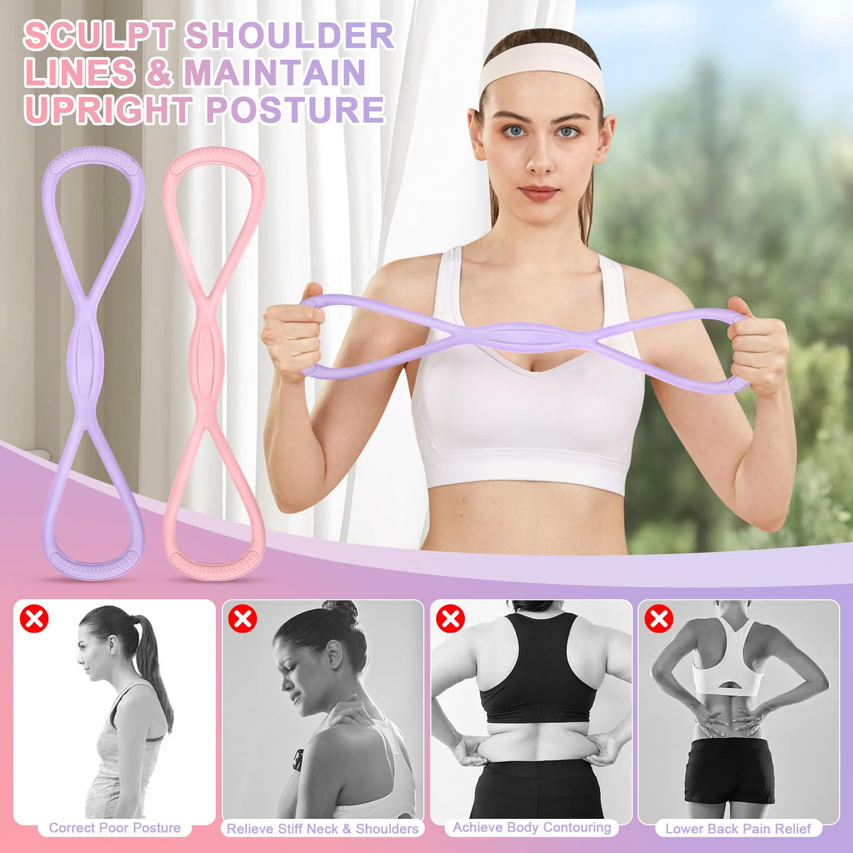 PolaZIA Figure 8 Resistance Band: Resistance Bands with Handles for Working Out - 8 Shaped Resistance Bands for Women - Exercise Bands for Arms - Fullbody Yoga Pulling Rope (15lbs Pink+25lbs Purple)
