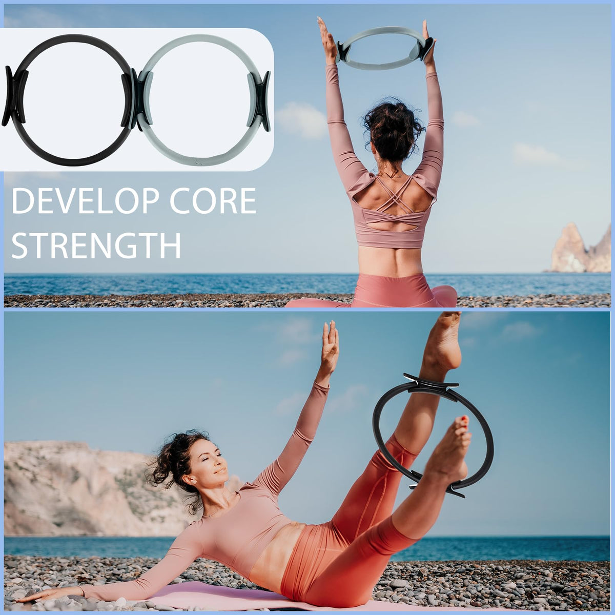 Poen 14 Pcs Pilates Equipment Kit for Home Workout Pilates Ring and Ball Set for Women 12'' Circle Yoga Fitness Essentials Kit with Resistance Bands, Yoga Strap, Socks,Bag (Black,Gray)