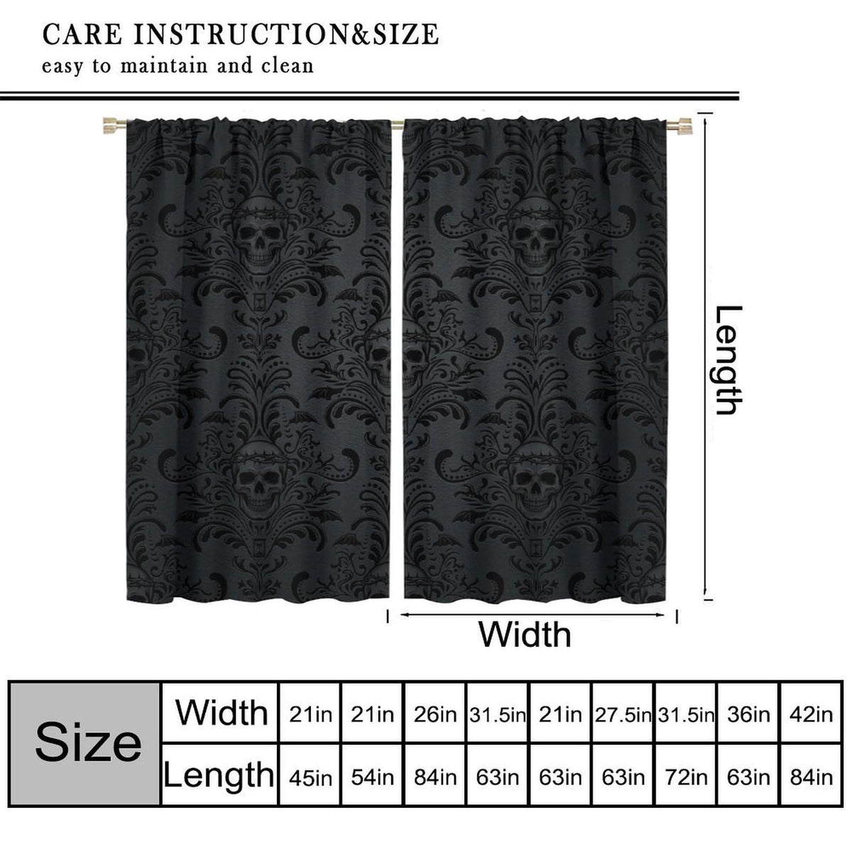 Halloween Curtains for Living Room,Skull Spooky Moody Skeleton Gothic Treatments Drapes for Bedroom Indoor Outdoor Event Party Decor 42" W X 45" L