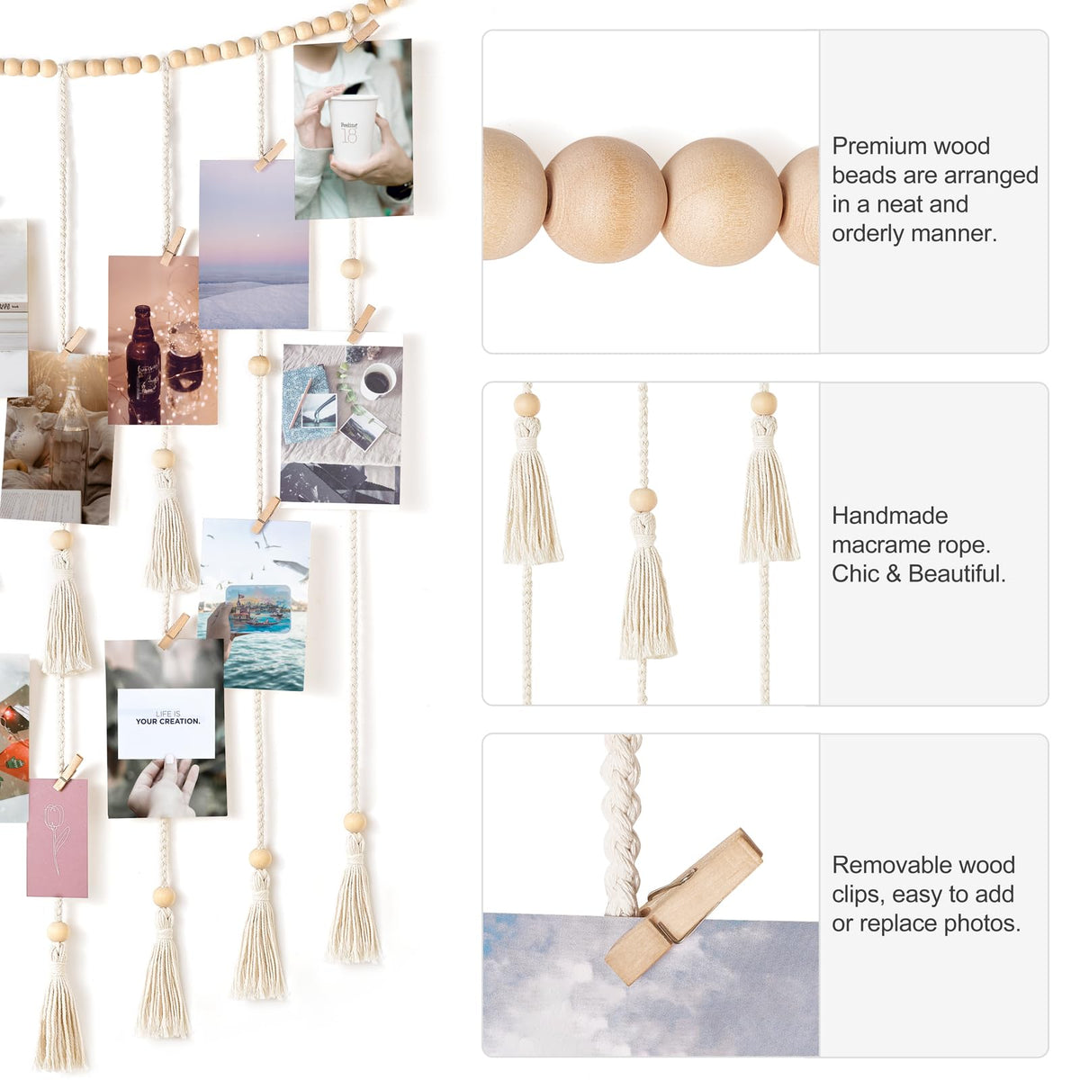 Mkono Macrame Hanging Photo Display Wall Decor with String Lights Boho Room Bedroom Wooden Beads Garland Picture Greeting Cards Holder with 30 Clips