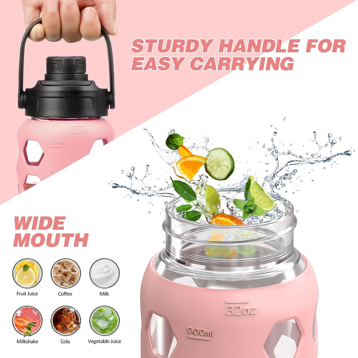 MUKOKO Glass Water Bottles, 32oz Glass Tumbler with Straw, Drinking Bottles with 2 Lids-Handle Spout Lid&Bamboo Straw Lid, Motivational Water Bottle with Time Marker and Silicone Sleeve, 1 Pack-Pink