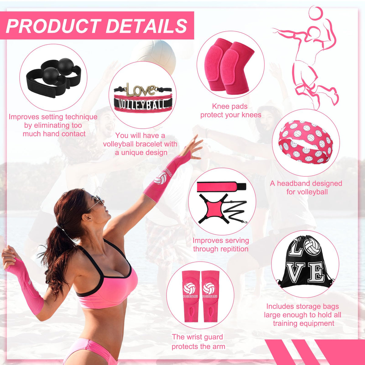Honoson 7 Pcs Volleyball Training Equipment Aid Volleyball Serving Trainer Kit Gifts for Beginners (Pink,Girls)