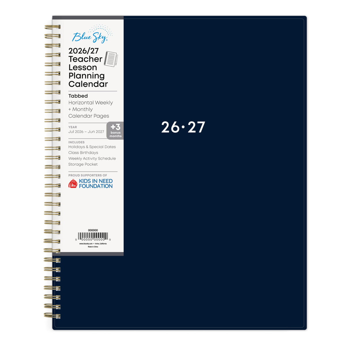 Blue Sky 2026-2027 Weekly and Monthly Academic Year Teacher Lesson Planner Calendar, July 2026 - June 2027, 8.5" x 11", Flexible Cover, Wirebound, Laminated Tabs, Storage Pocket, Solid Navy
