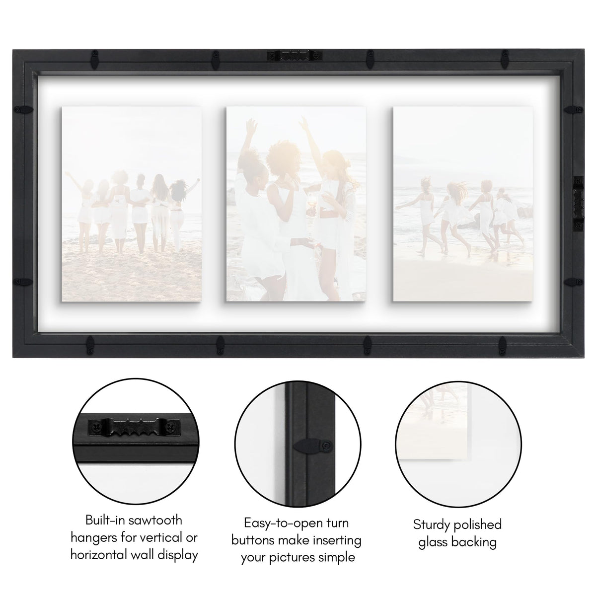 Americanflat 5x7 Picture Frame Collage with Shatter-Resistant Glass - Fits Three 5x7 Photos or use as One 10x20 Picture Frame - Signature Collection - Collage Frames with Floating Effect - Black