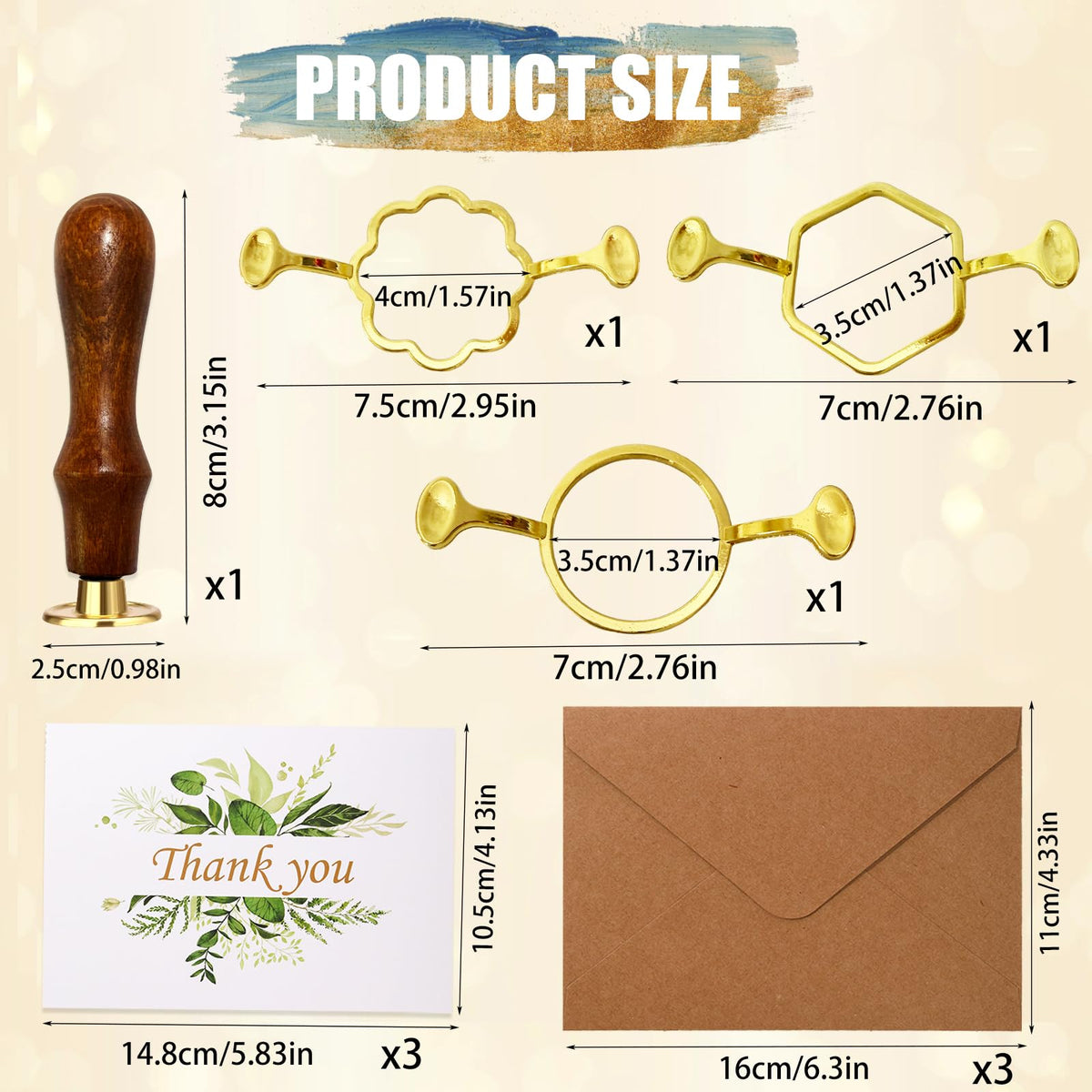 Wax Seal Stamp Kit,Vintage Classic Sealing Wax Stamp Heads with Wooden Handle & Metal Wax Seal Molds, with Envelope Greeting Card, for Gift Wrapping,Wedding, Party Invitations (Gold-A02)