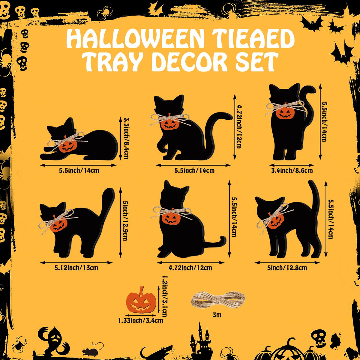 Pinkunn 6 Pcs Halloween Wood Decors with Pumpkin Black Cat Silhouette Decor Wooden Tiered Tray Sign for Home Table Mantel Party Centerpiece
