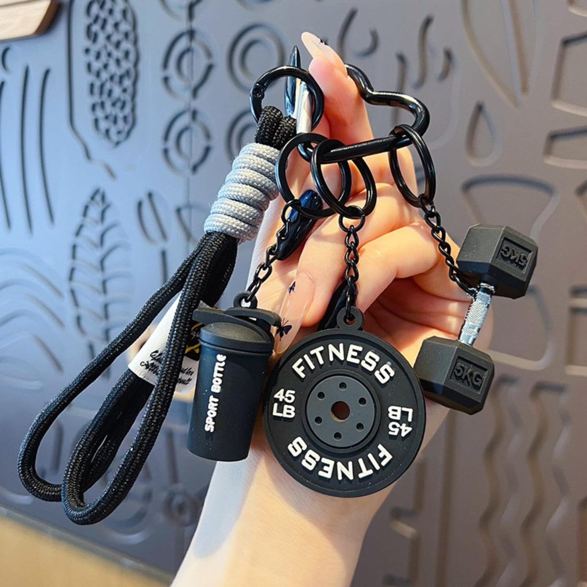 HeriNova Black Dumbbell and Weights Keychain for Gym Lovers, Fitness Themed Bag Purse Charms & Car Key Accessory for Men and Women, Workout Gift Idea