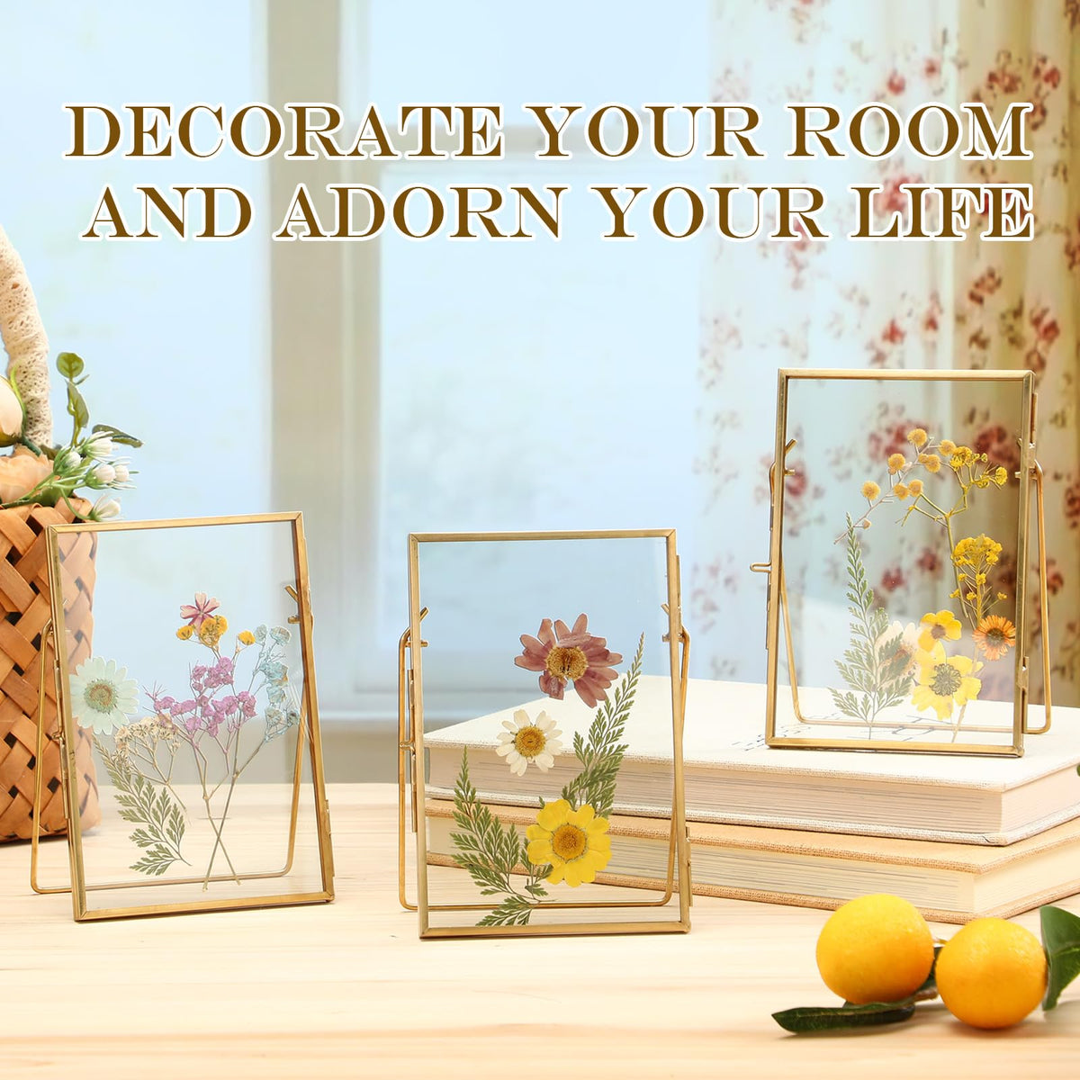 Vicenpal 3 Pack Glass Pressed Flower Frame Handmade, 4 x 6 floating Picture Frames for Pressed Flowers, Brass Double Glass for Tabletop Display, Home Office Plant Specimen, Photos(Gold)