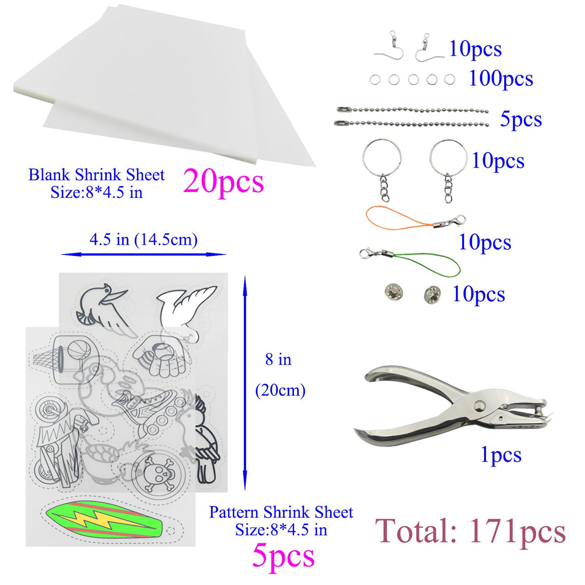 Heat Shrink Plastic Sheets Shrink Film Papers Kit Patterned Sheets Frosted Shrink Paper Sheet 171 PCS DIY Ornaments Keychains Making for Creative Art and Craft (8 x 5.7inch)