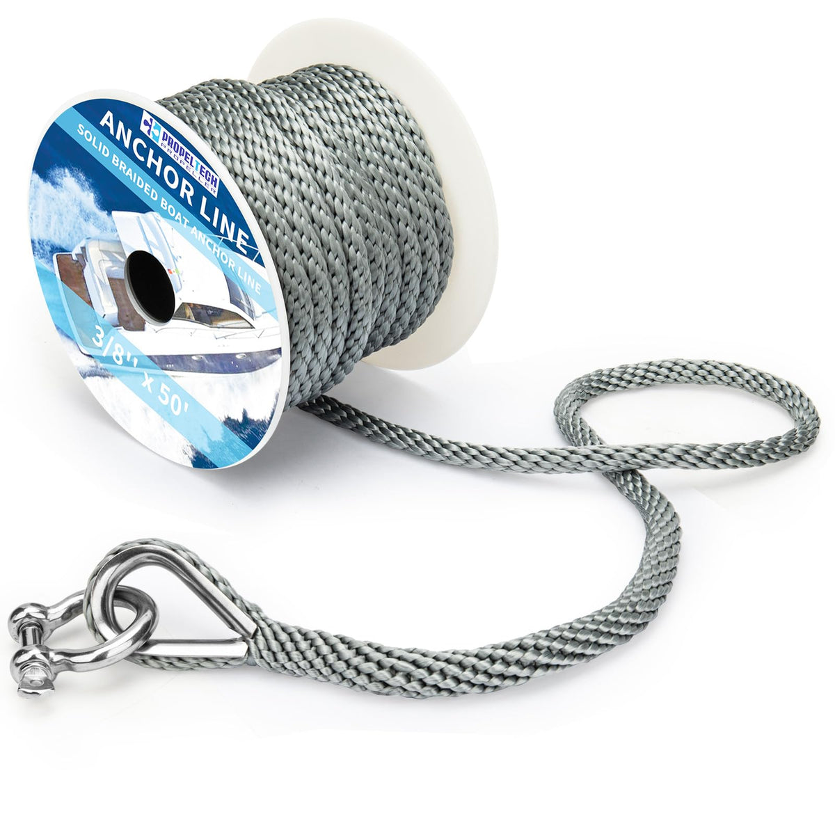 Boat Anchor Rope 3/8 inch 50ft Premium Solid Braid Nylon MFP Boat Rope with Stainless Steel Thimble & Shackle, Quality Marine Line, Grey,Boat Accessories