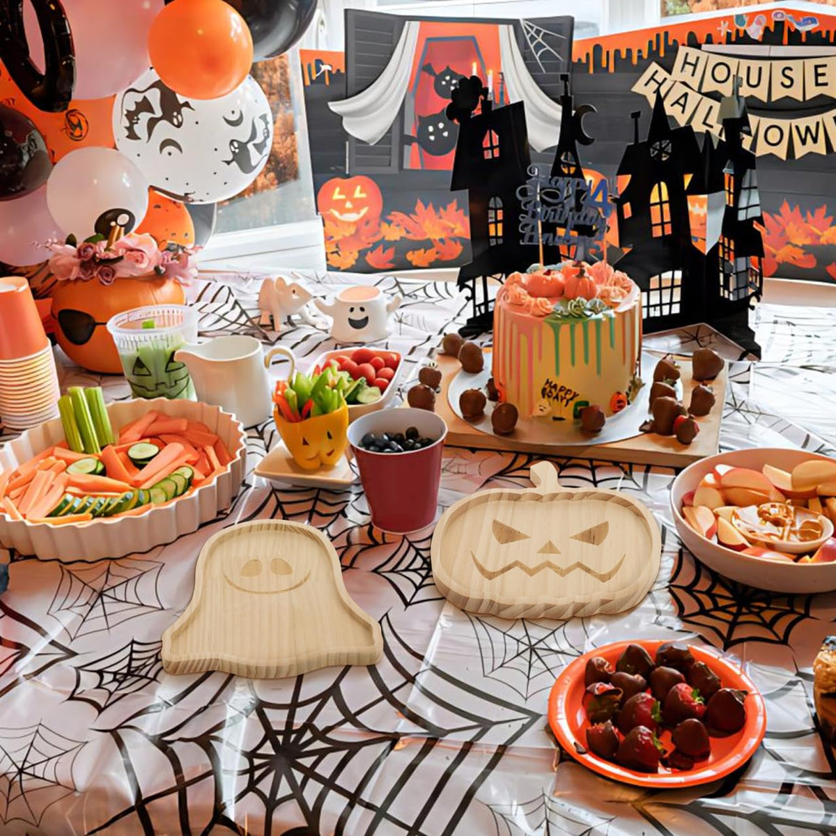 JECOMPRIS Halloween Wooden Pumpkin Tray and Ghost Snack Serving Dish 7.5 Inch Food Plate for Party Home Decor and Entertaining