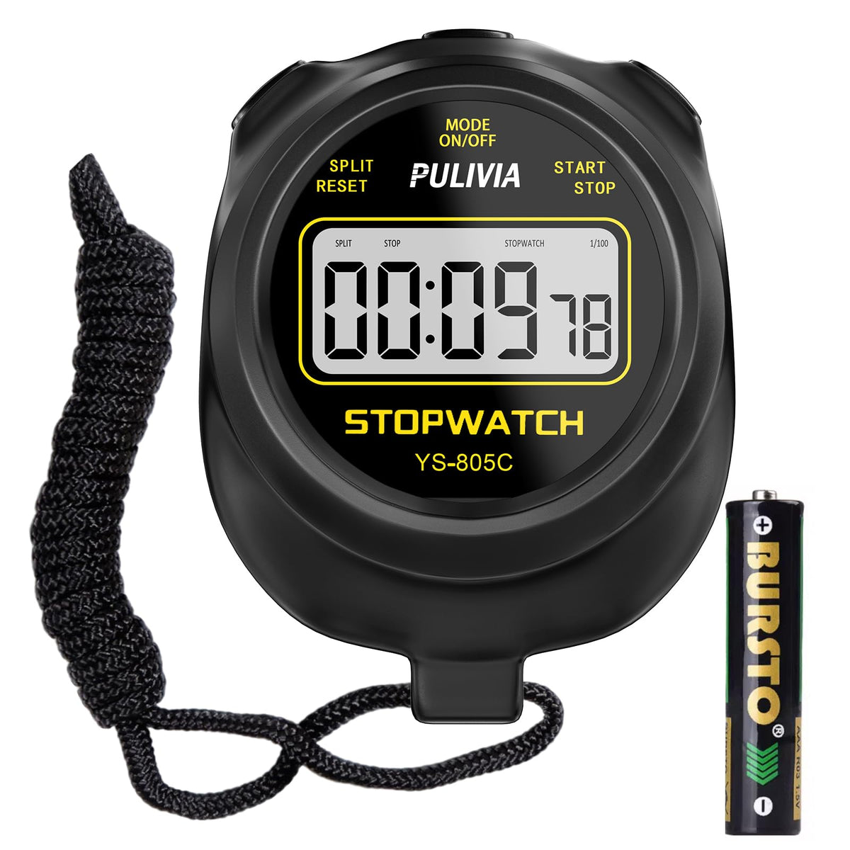PULIVIA Stopwatch Timer with Countdown, Simple Operation Digital Stop Watch for Sports, Countdown-Alarm Button-Sound, AAA Battery Included (Black)
